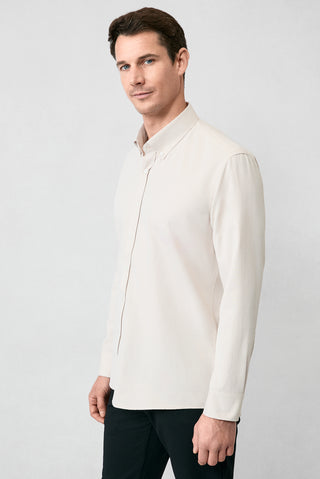 Orta Bej Uzun Kol Slim Fit Düğmeli Yaka Pamuklu Kolay Ütülenebilir 4 Mevsim Oxford Gömlek