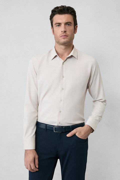 Medium Beige Long Sleeve Slim Fit Classic Collar Cotton Easy-Iron Oxford 4 Seasons Shirt