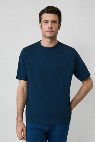 Orta Lacivert Bisiklet Yaka Slim Fit %100 Pamuk Tişört