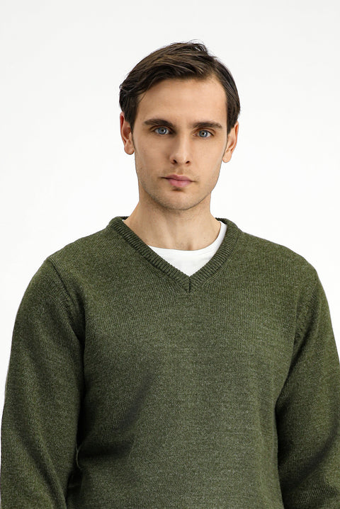 Medium Khaki V-Neck Regular Fit Knitwear Sweater