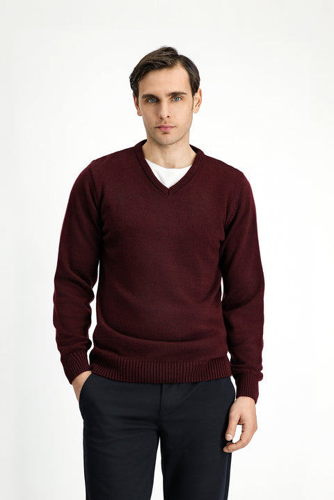 Dark Claret Red V-Neck Regular Fit Knitwear Sweater