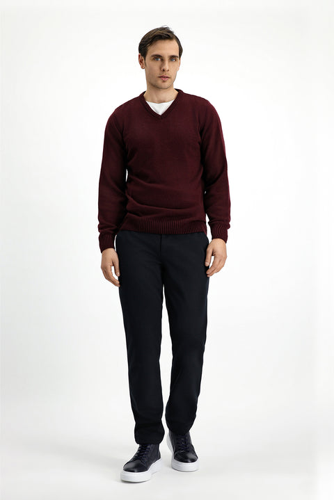 Dark Claret Red V-Neck Regular Fit Knitwear Sweater