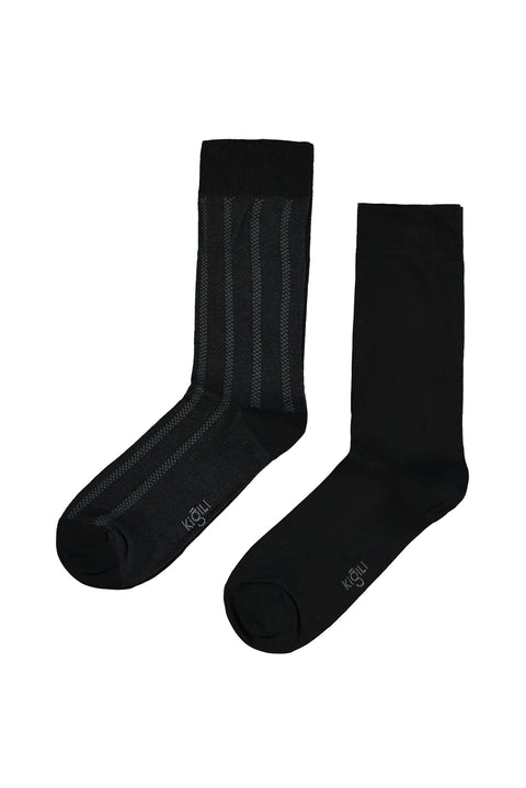Dark Black 2-Pack Cotton Striped Lycra Stretch Socks Set