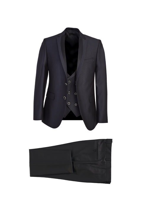 Black and Navy Blue 7 Drop Slim Fit Narrow Cut Mono Collar Vest Tuxedo & Groom Suit