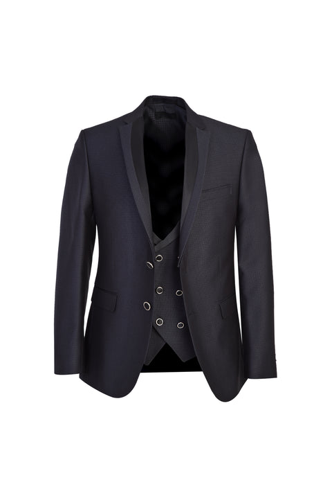 Black and Navy Blue 7 Drop Slim Fit Narrow Cut Mono Collar Vest Tuxedo & Groom Suit
