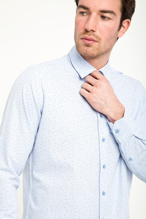 Light Blue Long Sleeve Slim Fit Printed Cotton Shirt