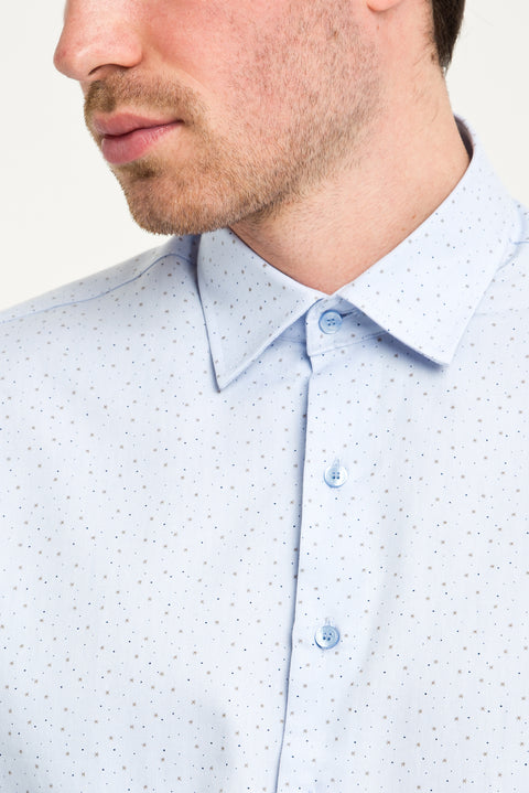 Light Blue Long Sleeve Slim Fit Printed Cotton Shirt