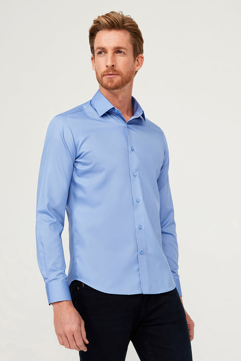 Aqua Mavisi Uzun Kol Slim Fit Dar Kesim Non Iron Saten Klasik Pamuklu Gömlek