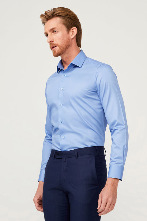 Aqua Mavisi Uzun Kol Slim Fit Dar Kesim Non Iron Saten Klasik Pamuklu Gömlek