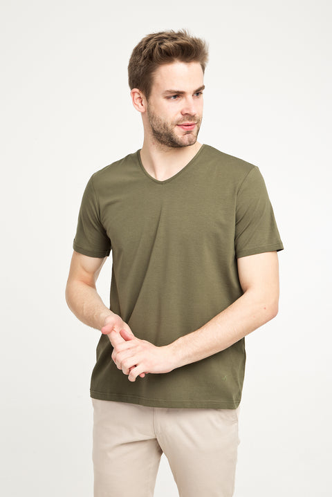 Medium Khaki V-Neck Slim Fit T-Shirt