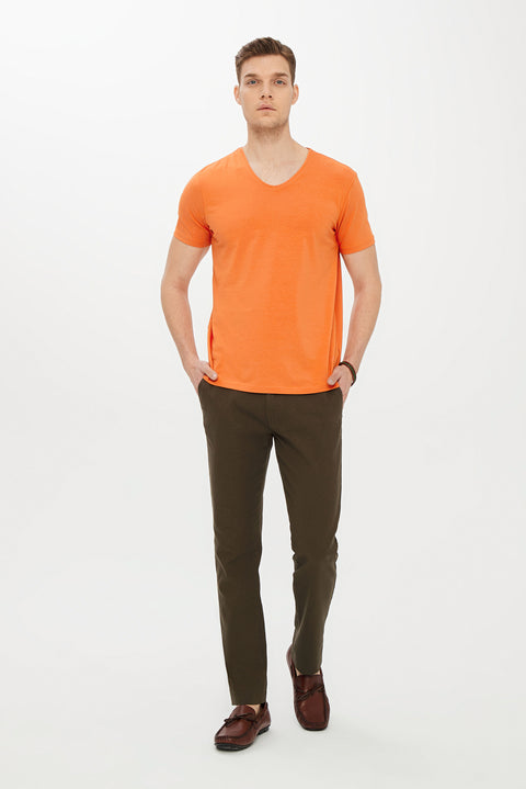 Bal Kabağı V Yaka Slim Fit Dar Kesim Tişört