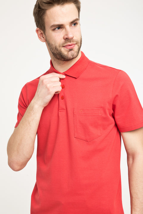 Dark Pomegranate Pocketed Polo Neck Regular Fit Cotton T-Shirt