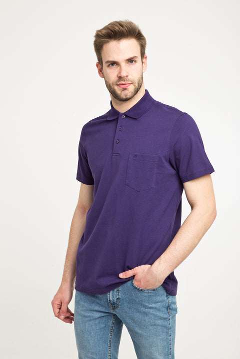 Purple Pocket Polo Collar Regular Fit Cotton T-Shirt