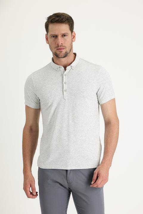 Açık Gri Melanj Yarım İtalyan Yaka Regular Fit Süprem Tişört