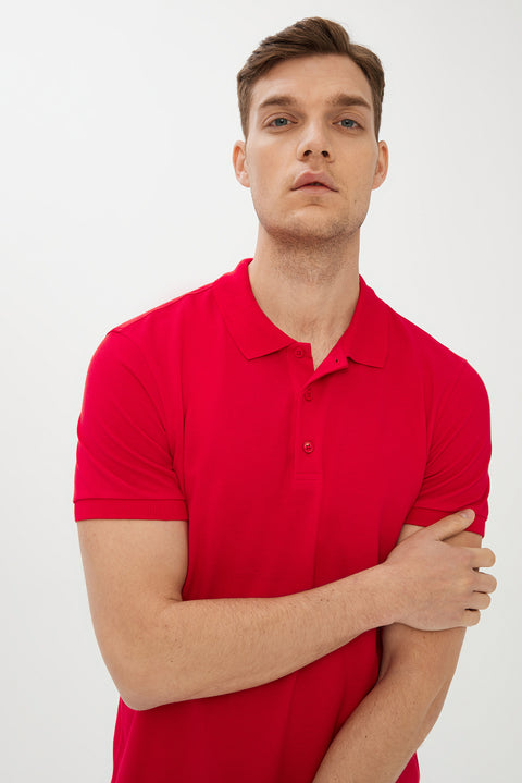 Flag Red Polo Collar Slim Fit Narrow Cut Cotton T-Shirt