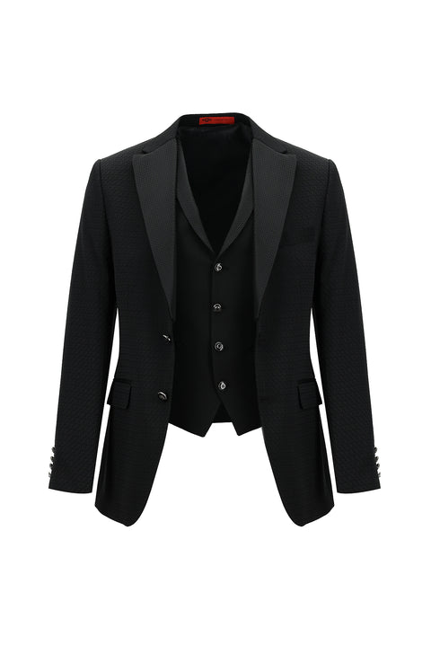 Black 7 Drop Slim Fit Narrow Cut Mono Collar Vest Tuxedo & Groom Suit