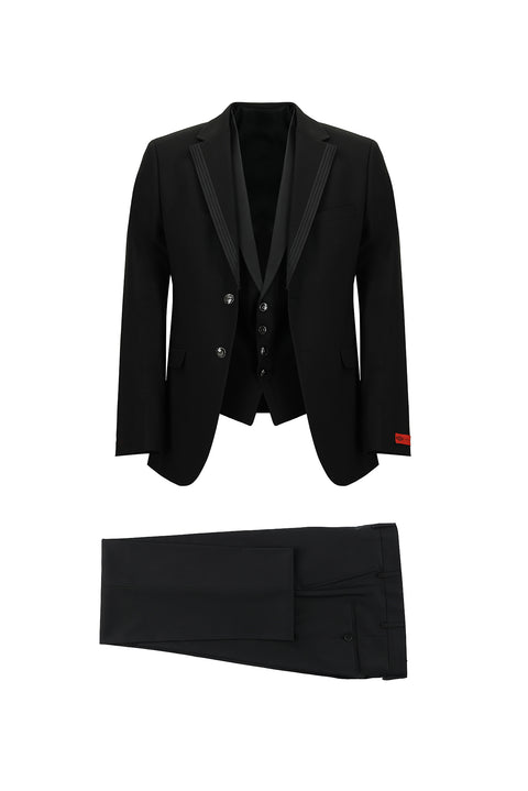 Black 7 Drop Slim Fit Narrow Cut Mono Collar Vest Tuxedo & Groom Suit
