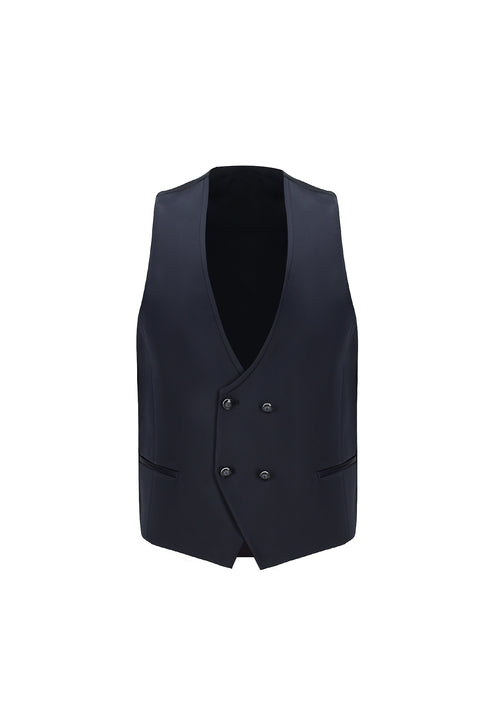 Koyu Lacivert 7 Drop Slim Fit Dar Kesim Şal Yaka Yelekli Smokin & Damatlık