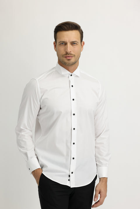 Men's White Long Sleeve Wing Collar Slim Fit Easy Care Cotton Shirt