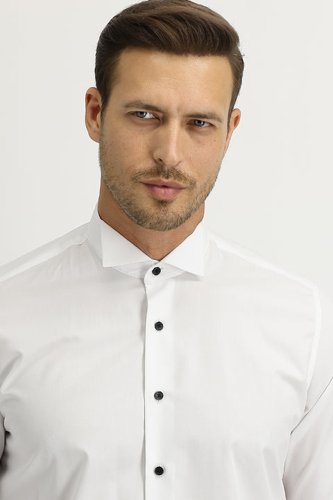 Men's White Long Sleeve Wing Collar Slim Fit Easy Care Cotton Shirt