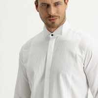 White Stand Collar Slim Fit Narrow Cut Pleated Cotton Shirt