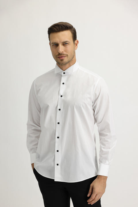 White Long-Sleeve Stand-Collar Classic Cotton Shirt