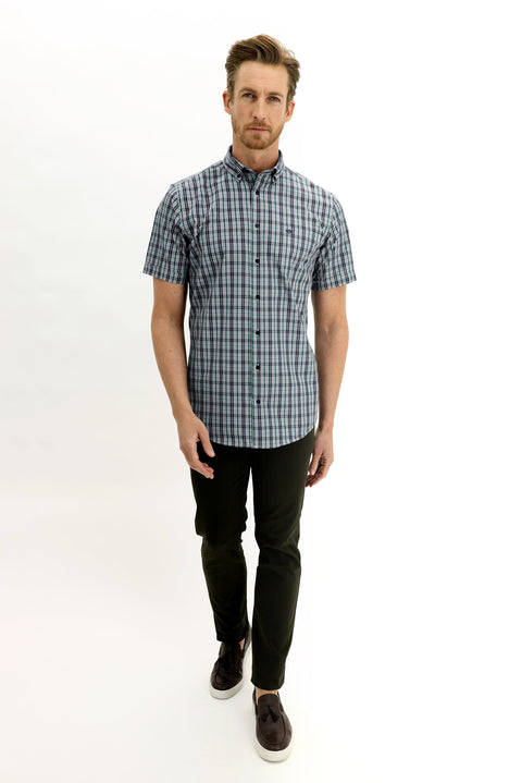 Dark Green Short Sleeve Regular Fit Plaid Shirt