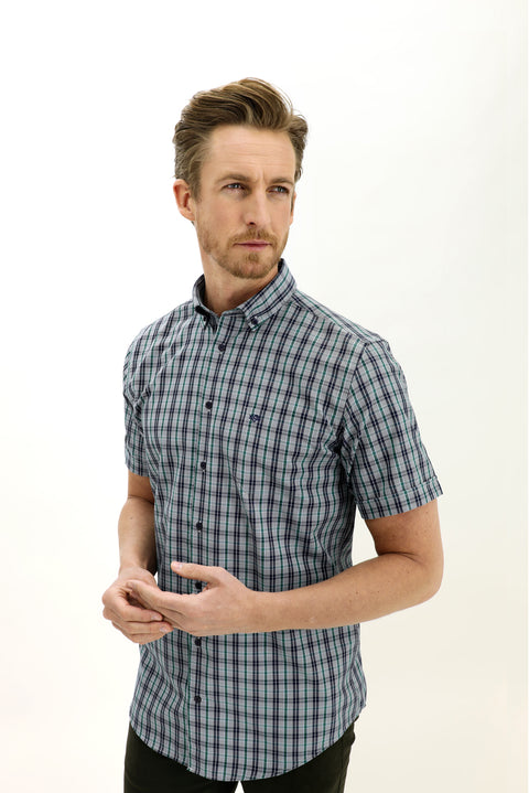 Dark Green Short Sleeve Regular Fit Plaid Shirt
