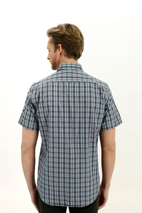 Dark Green Short Sleeve Regular Fit Plaid Shirt