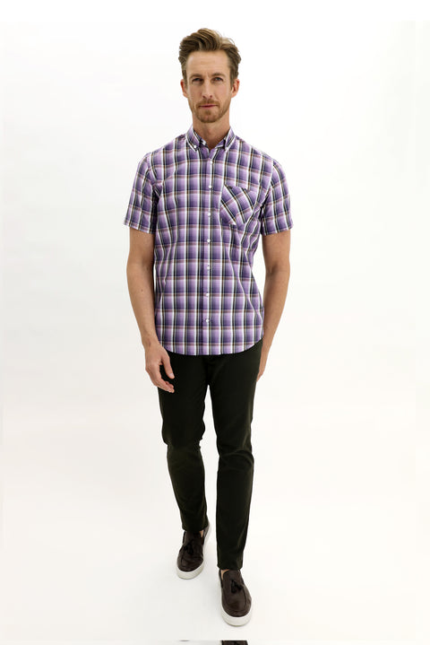 Lilac Short Sleeve Regular Fit Plaid Shirt