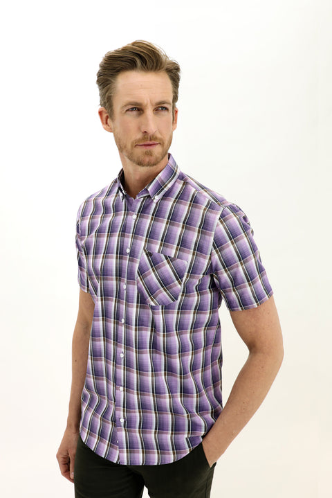 Lilac Short Sleeve Regular Fit Plaid Shirt