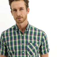 Grass Green Short Sleeve Regular Fit Plaid Shirt