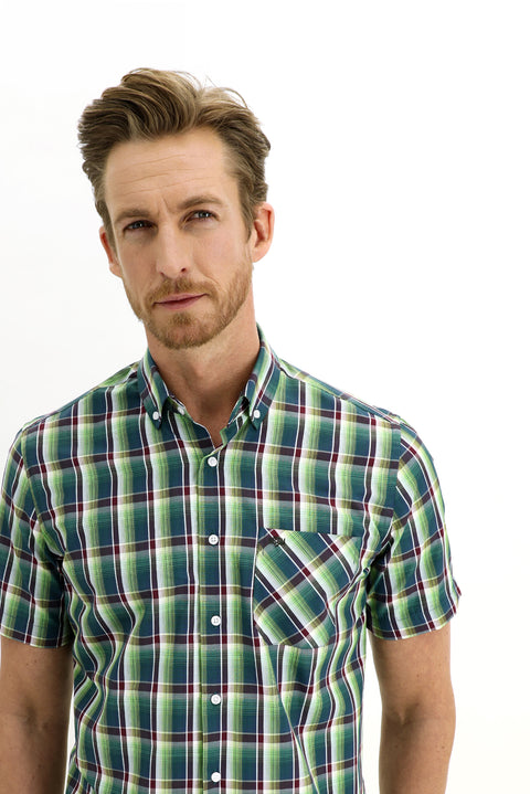 Grass Green Short Sleeve Regular Fit Plaid Shirt
