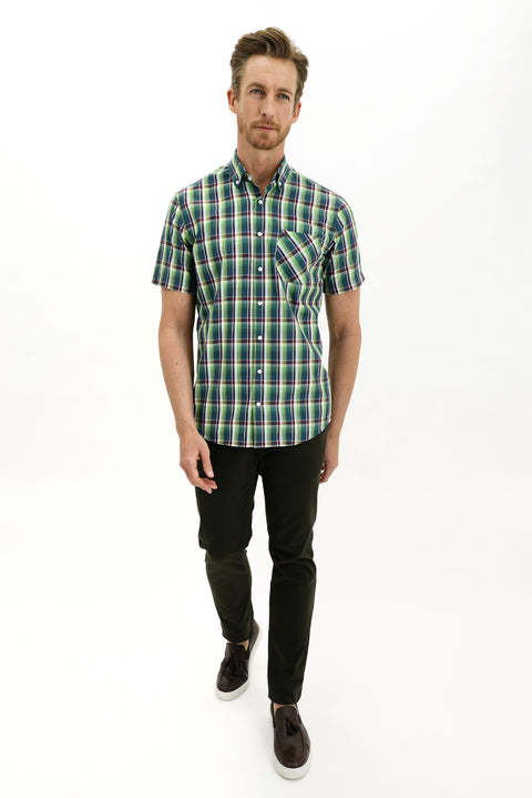 Grass Green Short Sleeve Regular Fit Plaid Shirt