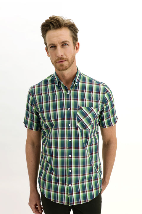 Grass Green Short Sleeve Regular Fit Plaid Shirt