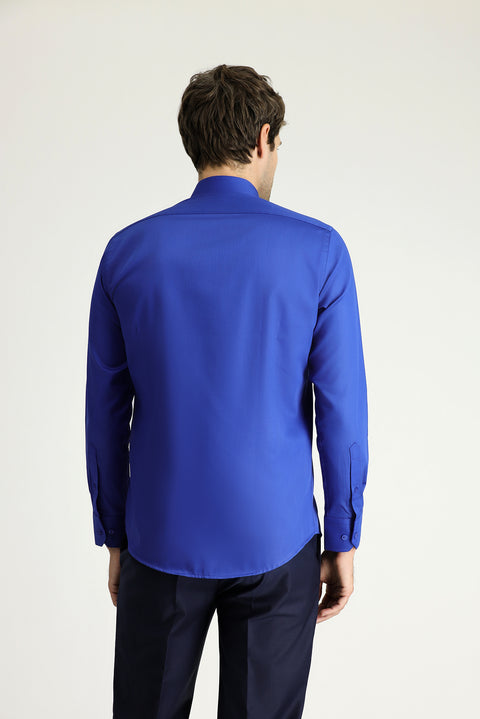Saks Mavi Uzun Kol Slim Fit Dar Kesim Klasik Non Iron Pamuklu Gömlek