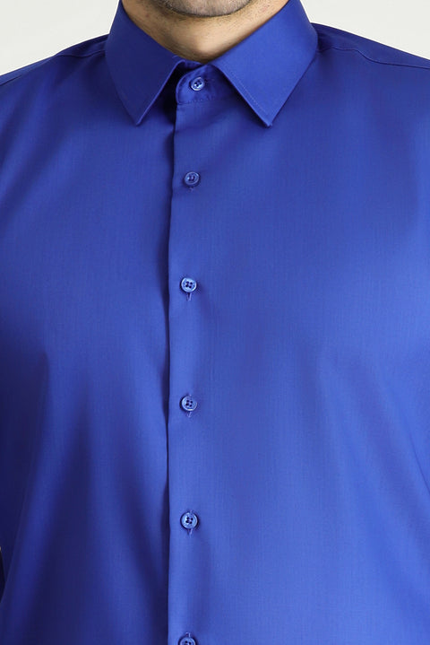 Saks Mavi Uzun Kol Slim Fit Dar Kesim Klasik Non Iron Pamuklu Gömlek