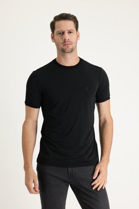 Black Crew Neck Slim Fit Embroidered T-Shirt