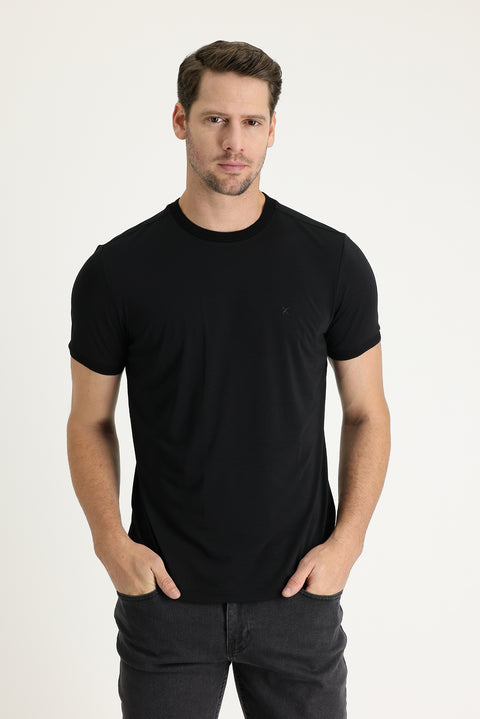Black Crew Neck Slim Fit Embroidered T-Shirt