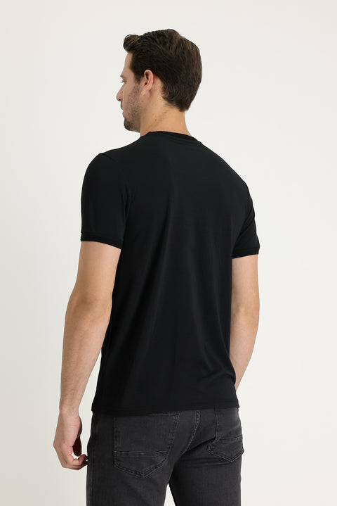 Black Crew Neck Slim Fit Embroidered T-Shirt