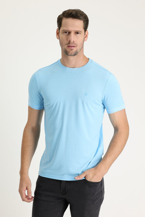 Light Blue Crew Neck Slim Fit Embroidered T-Shirt