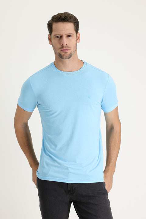 Light Blue Crew Neck Slim Fit Embroidered T-Shirt
