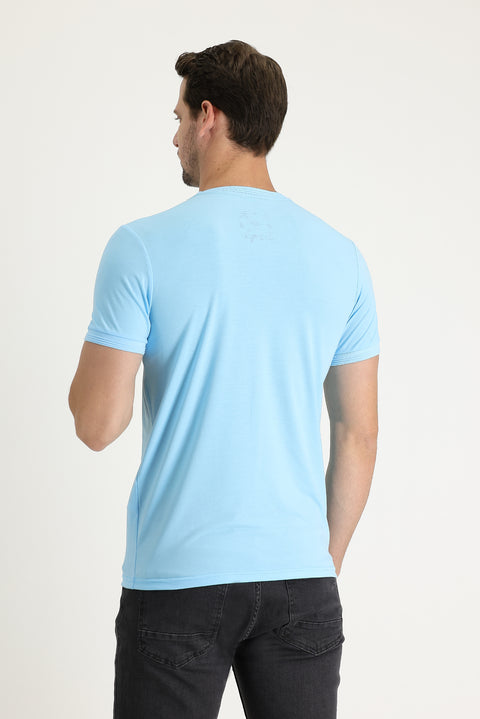 Light Blue Crew Neck Slim Fit Embroidered T-Shirt