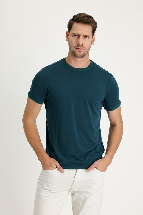 Zümrüt Yeşili Bisiklet Yaka Slim Fit Dar Kesim Nakışlı Tişört