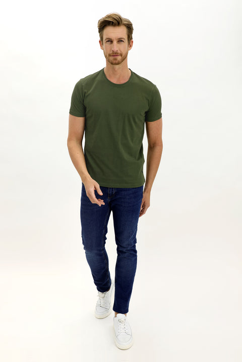 Military Khaki Crew Neck Slim Fit Narrow Cut Cotton T-Shirt