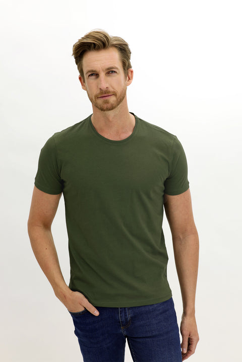 Military Khaki Crew Neck Slim Fit Narrow Cut Cotton T-Shirt