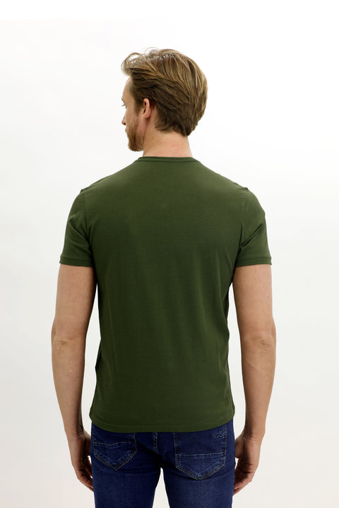 Military Khaki Crew Neck Slim Fit Narrow Cut Cotton T-Shirt