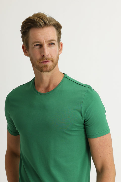 Forest Green Crew Neck Slim Fit Narrow Cut Cotton T-Shirt