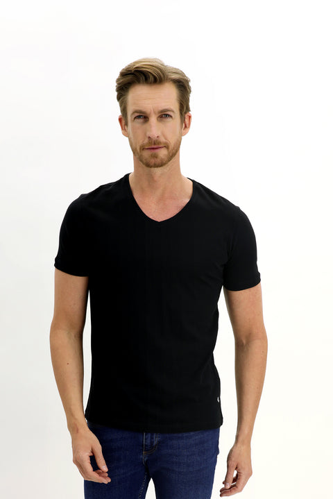 Siyah V Yaka Slim Fit Dar Kesim Pamuk Tişört