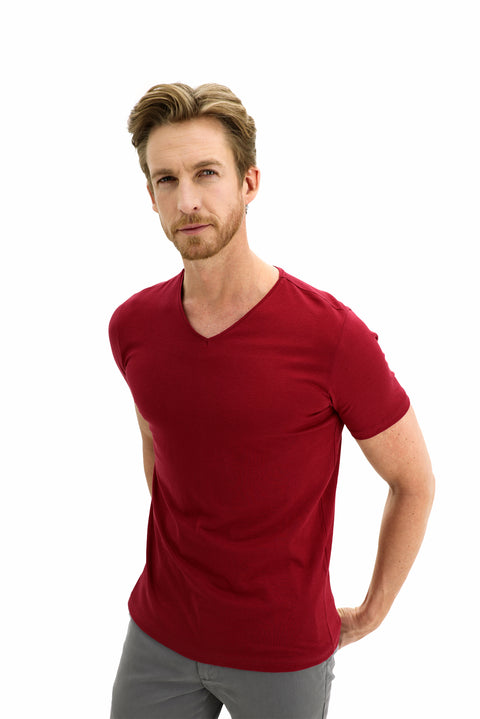 Light Burgundy V-Neck Slim Fit Narrow Cut Cotton T-Shirt